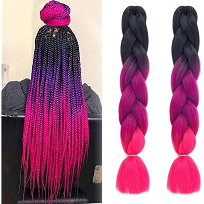 DILLARDS Synthetic Fiber Ombre Jumbo Braid Hair Extensions - 24In, 2 Bundle, Black, Purple, Fuchsia - Image 2